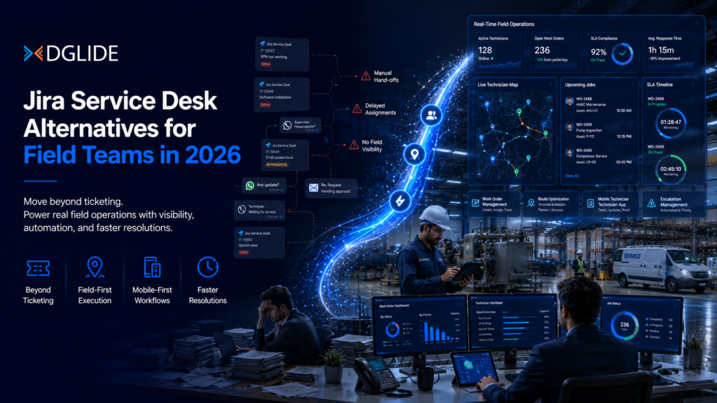 Jira Service Desk alternatives for field teams banner showing FSM workflows, technician tracking, SLA dashboards, and real-time field operations management with DGlide.