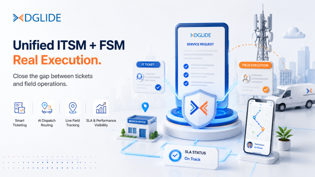 Unified ITSM and FSM platform banner showing AI dispatch routing, live field tracking, SLA visibility, and field service execution with DGlide.