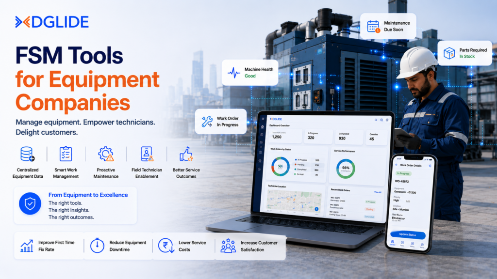 FSM tools for equipment companies banner showing preventive maintenance, machine health tracking, technician workflows, and equipment service management with DGlide.