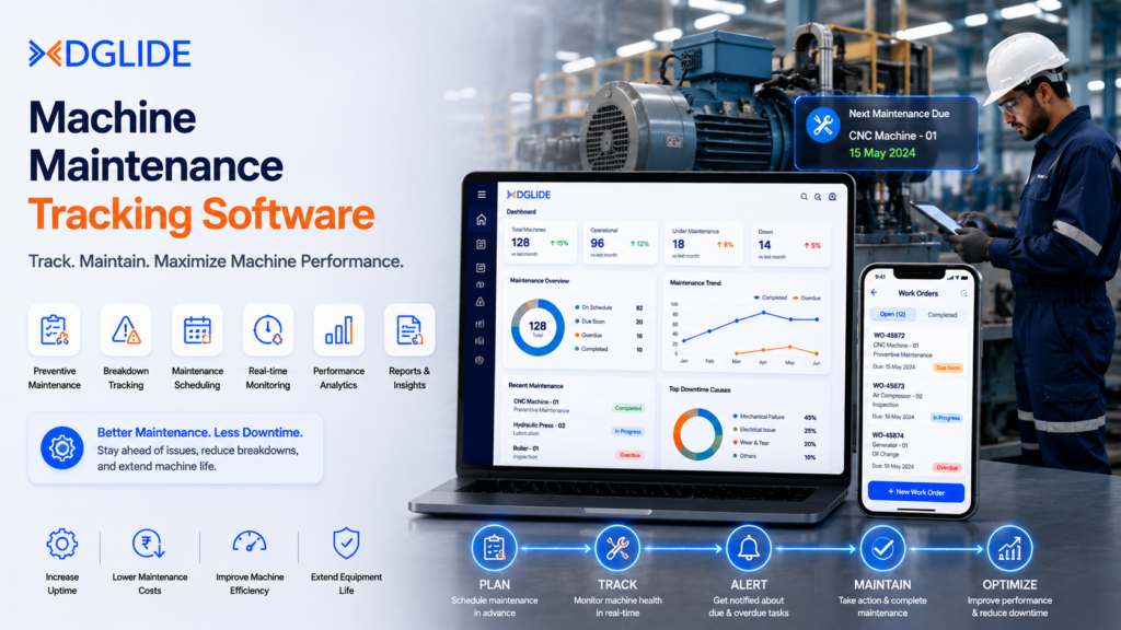Machine maintenance tracking software banner showing preventive maintenance scheduling, breakdown tracking, real-time monitoring, and machine performance analytics with DGlide.