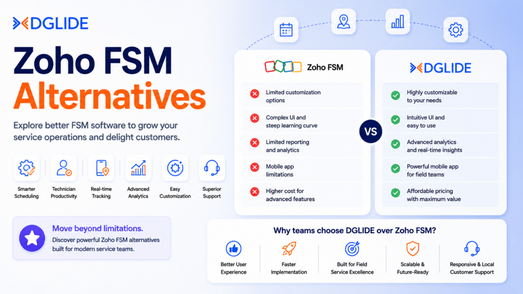 Zoho FSM alternatives banner comparing field service management features, customization, analytics, mobile workflows, and technician productivity with DGlide.