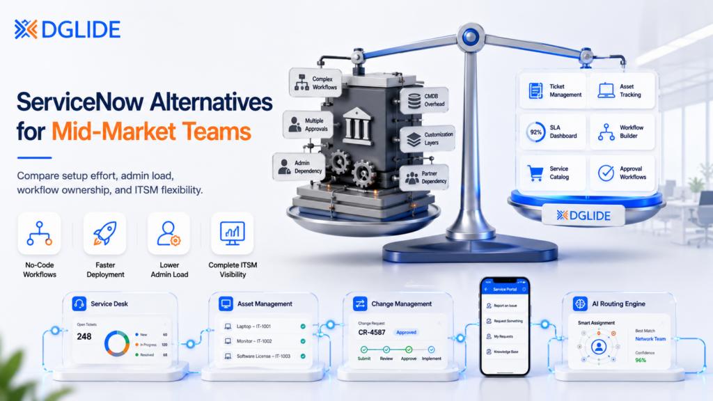 ServiceNow alternatives for mid-market teams banner showing platform weight, admin load, no-code ITSM workflows, SLA dashboard, asset tracking, and DGlide workflow control.
