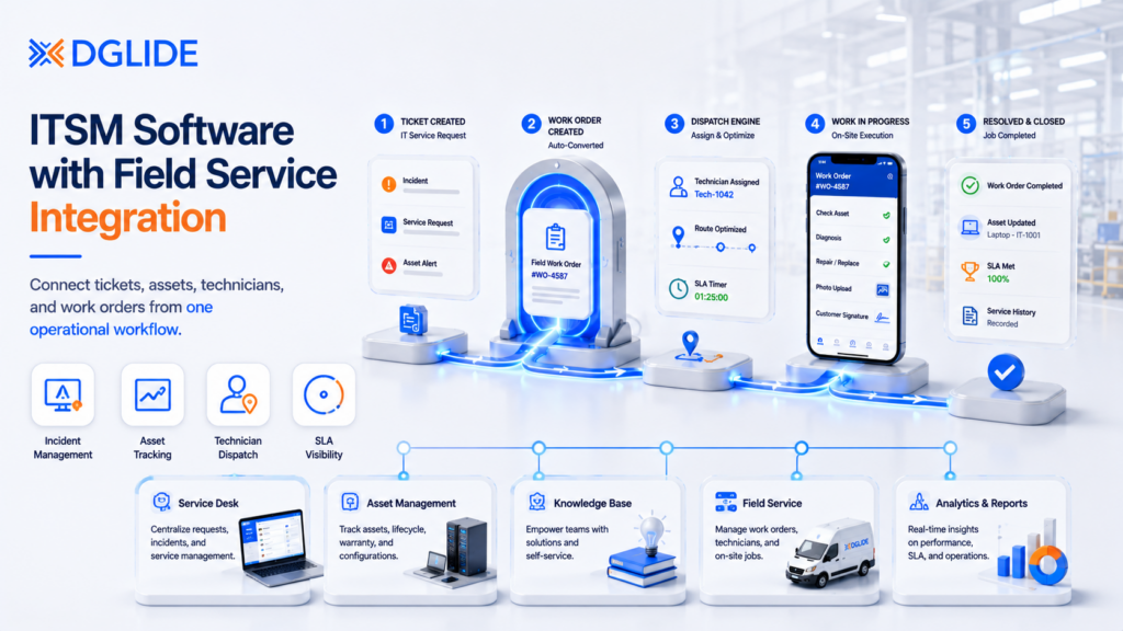 **Alt Text:** ITSM software with field service integration banner showing ticket-to-work-order automation, technician dispatch, asset tracking, SLA monitoring, and service management workflows in a unified platform.