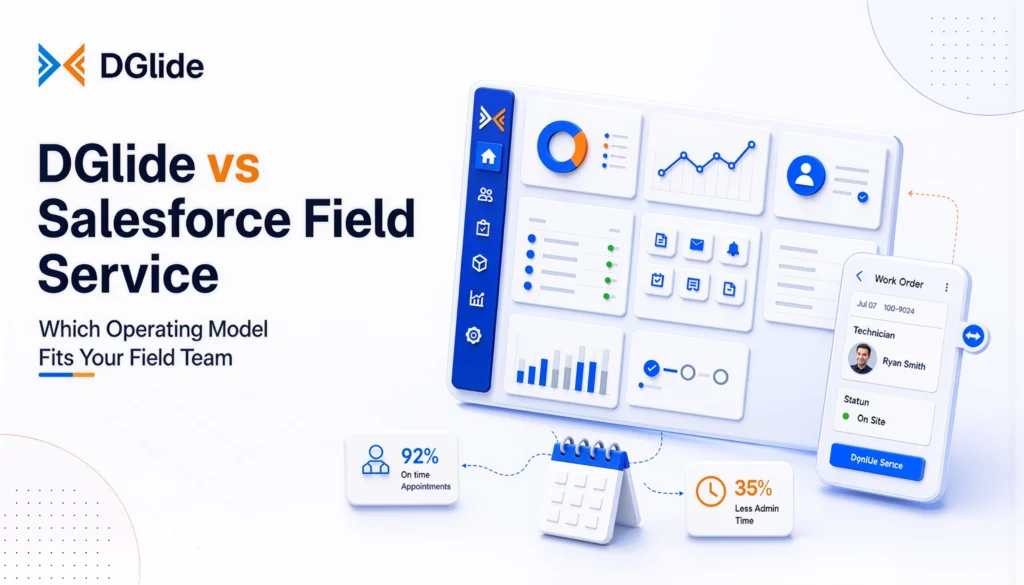 DGlide vs Salesforce Field Service banner comparing no-code workflows, mobile-first technician tools, faster deployment, lower ownership cost, and enterprise field service complexity.