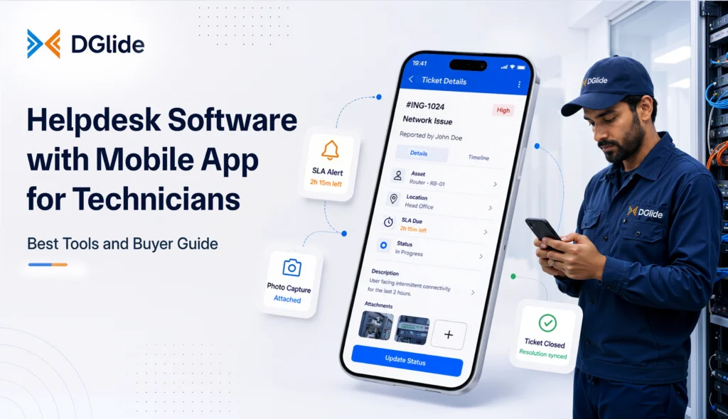 Helpdesk software with mobile app for technicians banner showing mobile ticket details, SLA alerts, photo capture, asset context, and real-time ticket closure for field support teams.