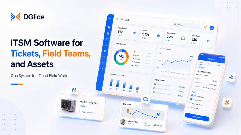 ITSM software banner showing a unified dashboard for tickets, field teams, asset tracking, technician dispatch, work orders, and SLA compliance.
